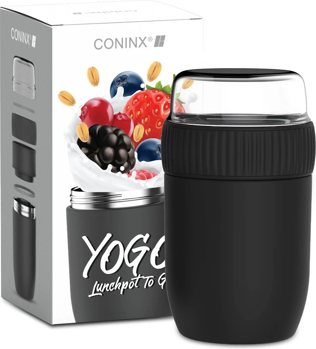 Coninx Thermos Lunchbox - Muesli Beker To Go - Isoleer Lunchpot - Yoghurtbeker To Go - Mueslibeker 840ml (600ml+240ml) - RVS / Zwart 10 Coninx Thermos Lunchbox - Muesli Beker To Go - Isoleer Lunchpot - Yoghurtbeker To Go - Mueslibeker 840ml (600ml+240ml) - RVS / Zwart - Afbeelding 8