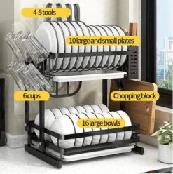 Doogo® Afdruiprek Met Lekbak 2 Laags – Inklapbaar - Muur Hangen Mogelijke - Afwasrek – Met 2 Lekbakken – Extra Accessories Voor Servies En Snijplanken - RVS -Dagelijkse Benodigdheden Winkel 1195x1200 2