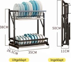 Doogo® Afdruiprek Met Lekbak 2 Laags – Inklapbaar - Muur Hangen Mogelijke - Afwasrek – Met 2 Lekbakken – Extra Accessories Voor Servies En Snijplanken - RVS -Dagelijkse Benodigdheden Winkel 1200x1056