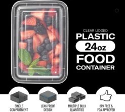 Buxibo - 50 Meal Prep Bakjes - Salade/Lunch Box - Diepvriesbakjes - Vershoudbakjes - Plastic Bakjes Met Deksel - Vershouddoos - Magnetron Vaatwasser Bestendig - 24 Oz/0.7 Liter Inhoud - Herbruikbaar - Kunststof - BPA Vrij - Zwart -Dagelijkse Benodigdheden Winkel 1200x1073 1