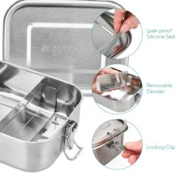Navaris RVS Broodtrommel Met Verdeler - Meal Prep Bakje - Vershouddoos - Lunchbox - 17 X 13 X 6 Cm - Inhoud 0,8 Liter - Vaatwasbestendig -Dagelijkse Benodigdheden Winkel 1200x1185 4