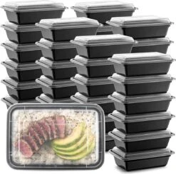 Buxibo - 50 Meal Prep Bakjes - Salade/Lunch Box - Diepvriesbakjes - Vershoudbakjes - Plastic Bakjes Met Deksel - Vershouddoos - Magnetron Vaatwasser Bestendig - 24 Oz/0.7 Liter Inhoud - Herbruikbaar - Kunststof - BPA Vrij - Zwart -Dagelijkse Benodigdheden Winkel 1200x1192 1
