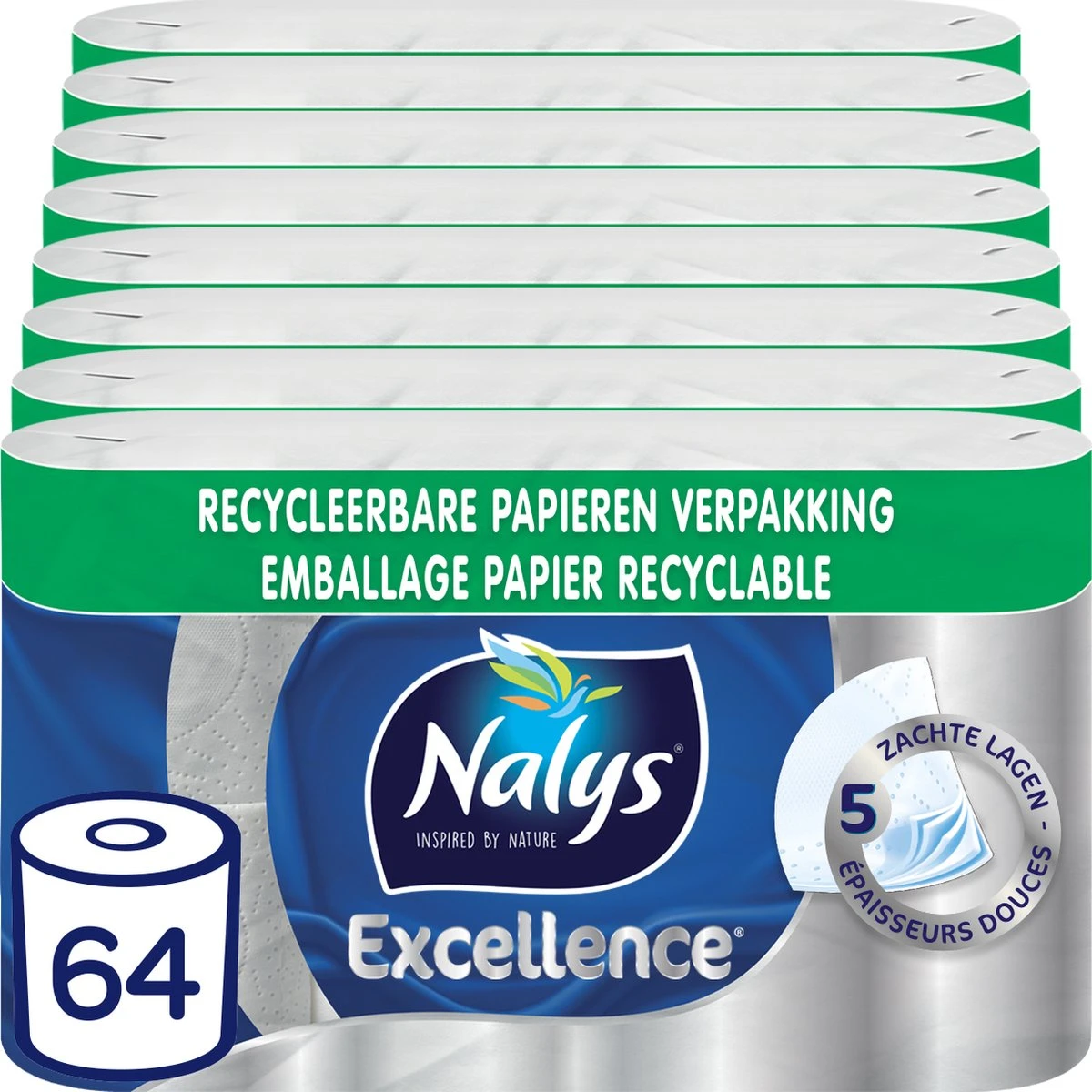 Nalys Excellence Maxi-Vellen Toiletpapier - 5 Lagen - 64 Rollen - Papieren Verpakking