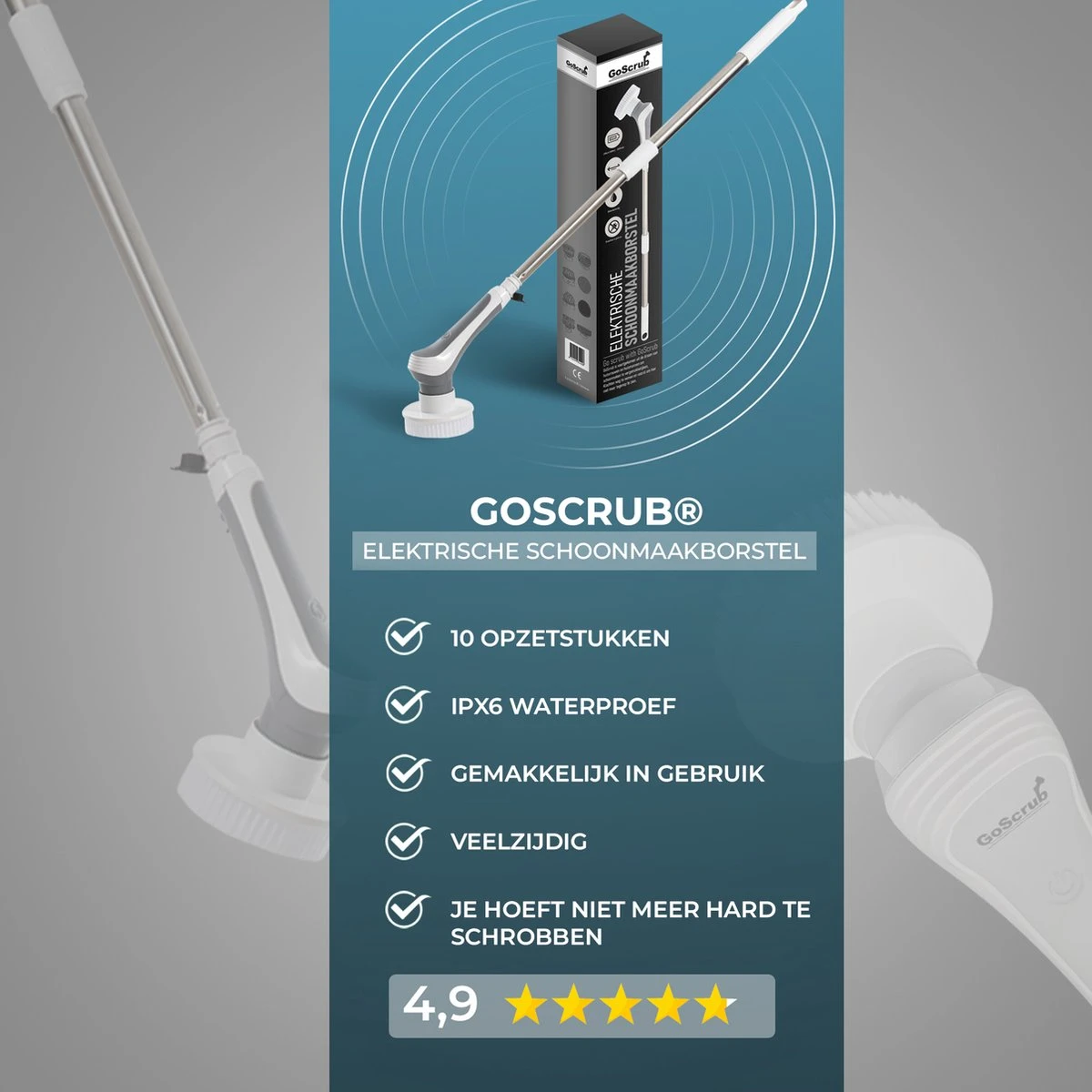 GoScrub® Elektrische Schoonmaakborstel – Elektrische Schrobber - Schrobborstel – Voor Badkamer Of Keuken – Schrobber Met Steel – Luiwagen – Polijstmachine - Poetsmachine Met 10 Opzetstukken 7 GoScrub® Elektrische Schoonmaakborstel – Elektrische Schrobber - Schrobborstel – Voor Badkamer Of Keuken – Schrobber Met Steel – Luiwagen – Polijstmachine - Poetsmachine Met 10 Opzetstukken - Afbeelding 5