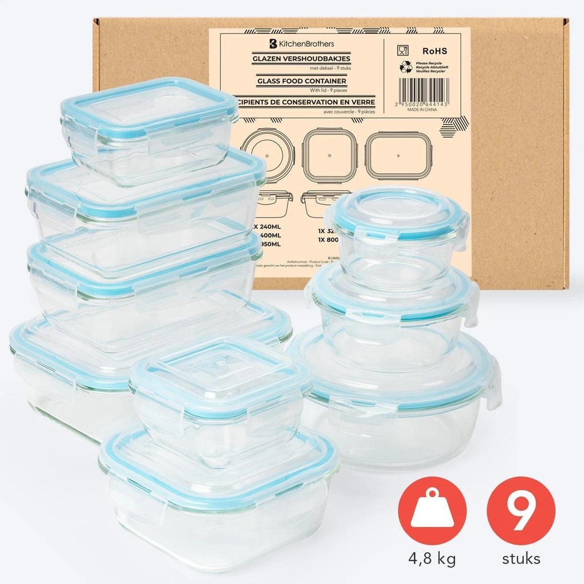 KitchenBrothers Meal Prep Bakjes - Set - Luchtdicht - BPA Vrij - Glas - 9 Stuks 11 KitchenBrothers Meal Prep Bakjes - Set - Luchtdicht - BPA Vrij - Glas - 9 Stuks - Afbeelding 9
