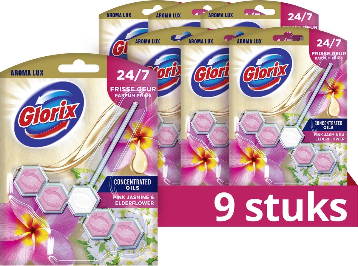 Glorix Aroma Lux Pink Jasmine & Elderflower Toiletblokken - 9 Stuks - Voordeelverpakking 2 Glorix Aroma Lux Pink Jasmine & Elderflower Toiletblokken - 9 Stuks - Voordeelverpakking