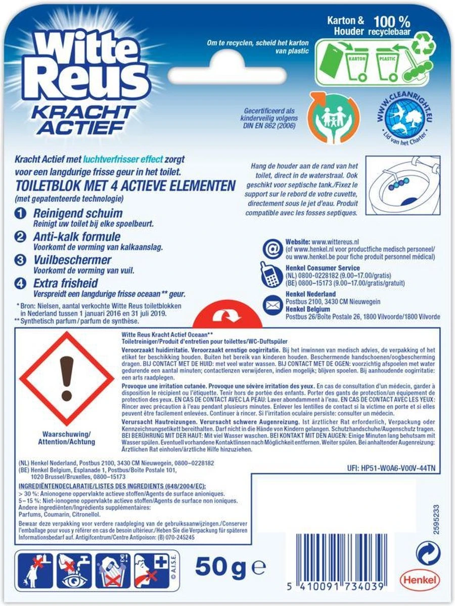 Witte Reus Kracht Actief Toiletblok - Oceaan - WC Blokjes Voordeelverpakking - 10 Stuks 15 Witte Reus Kracht Actief Toiletblok - Oceaan - WC Blokjes Voordeelverpakking - 10 Stuks - Afbeelding 13